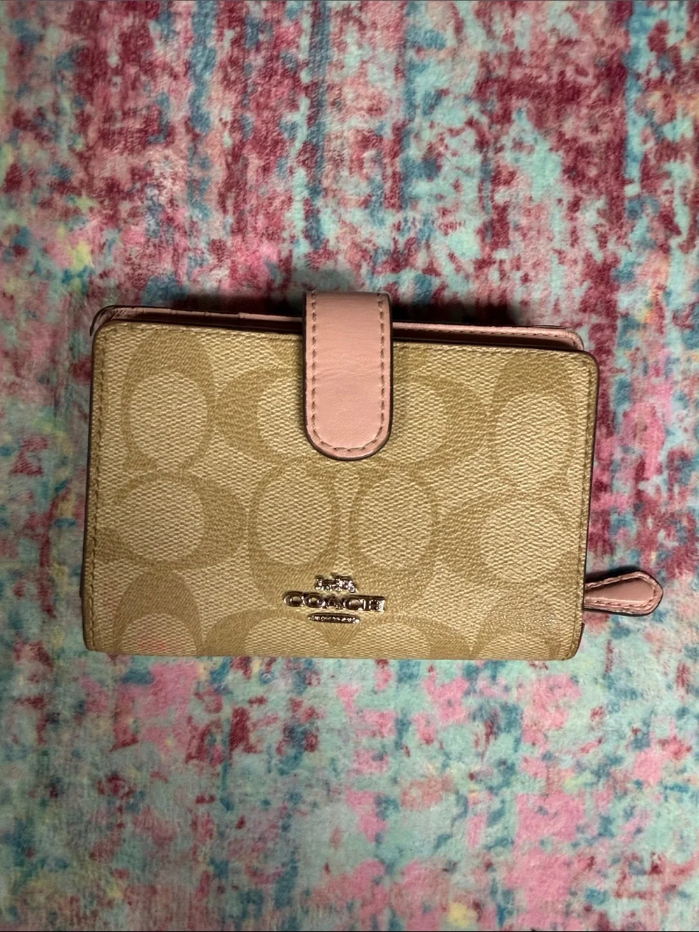 Coach Signature Canvas Wallet in Beige with Pink Trim